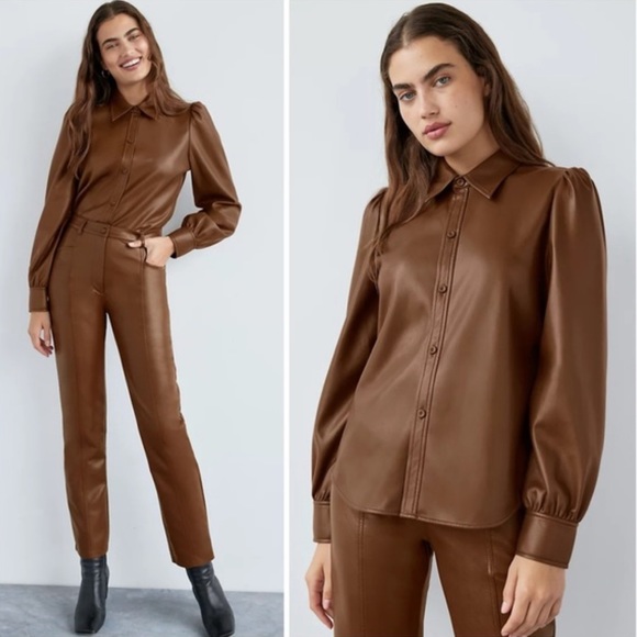 Aritzia Wilfred Mila Faux Leather Puff Sleeve Button Down Shirt Brown sz Small - Picture 1 of 15